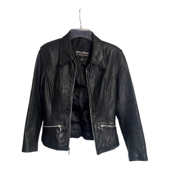 Wilsons The Leather Experts Jackets & Blazers - Wilsons Black Full Grain Leather Moto Fitted Jacket Zip Close 2 front Pockets XS
